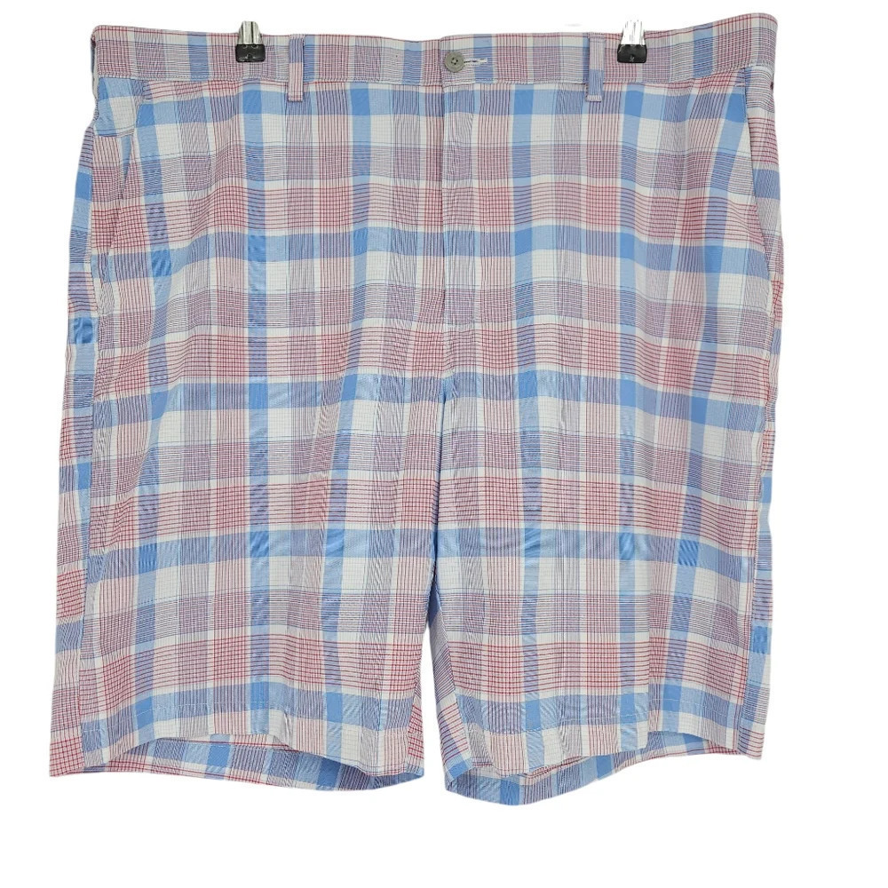 PGA Tour Golf Shorts Red White Blue Plaid Flat Front Lightweight 42